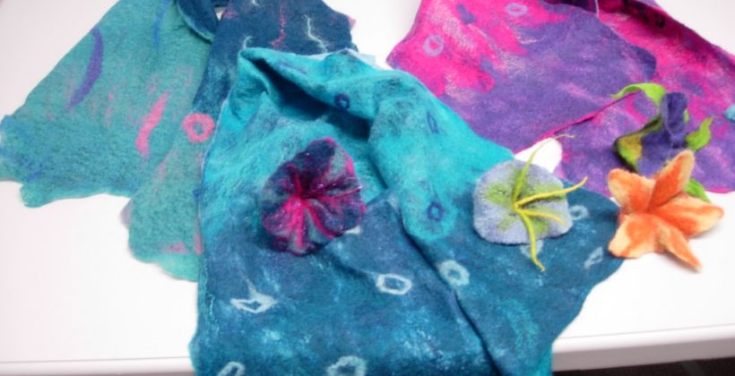 Felting workshop. Brightly-coloured scarves in soft merino fibres