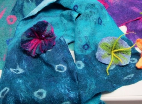 Felt scarf flowers beads. Accessories made from bright and soft merino wool fibres