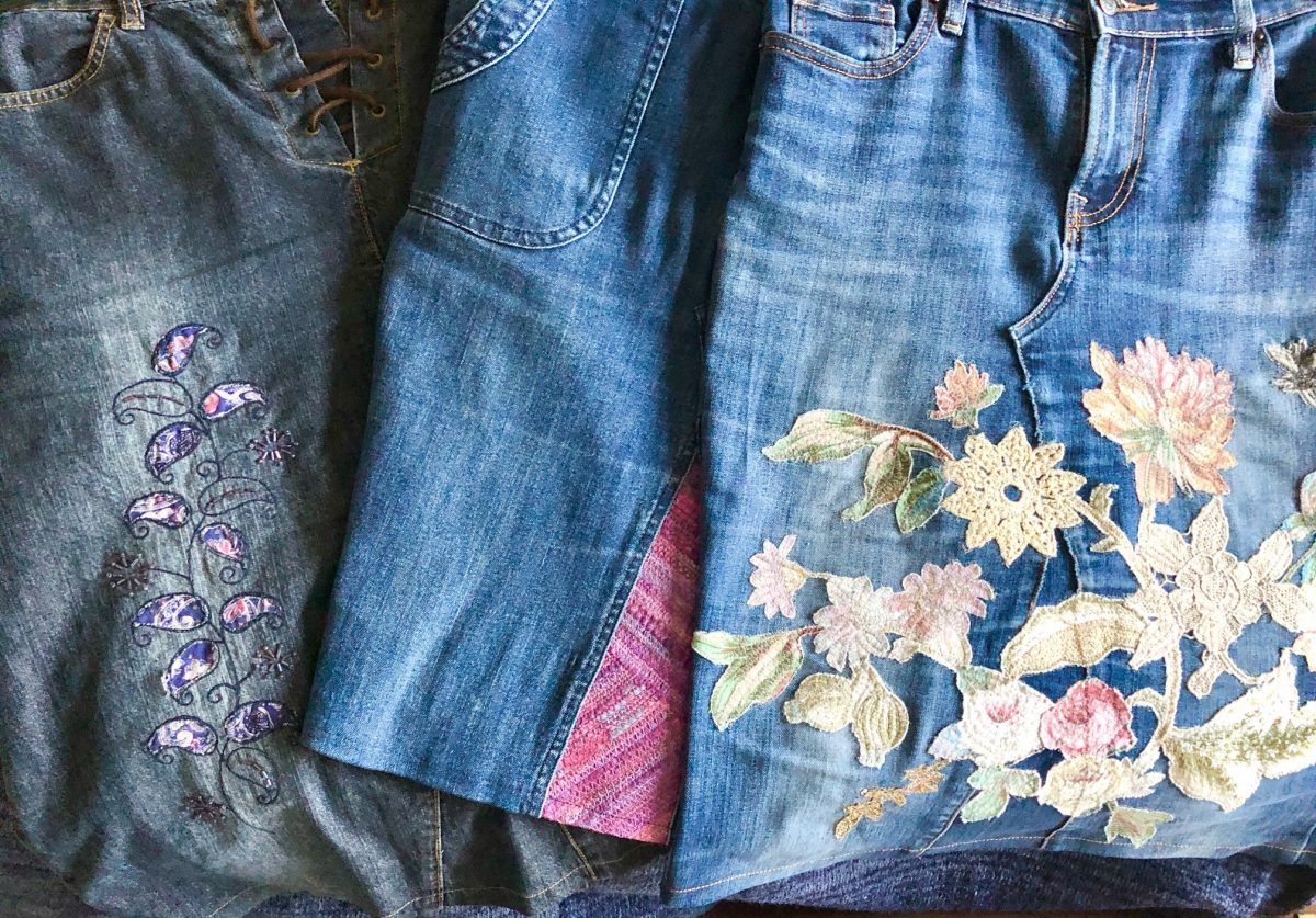 upcycled jeans skirt - three denim skirts made from jeans, decorated with applique, fabric scraps, & embroidery