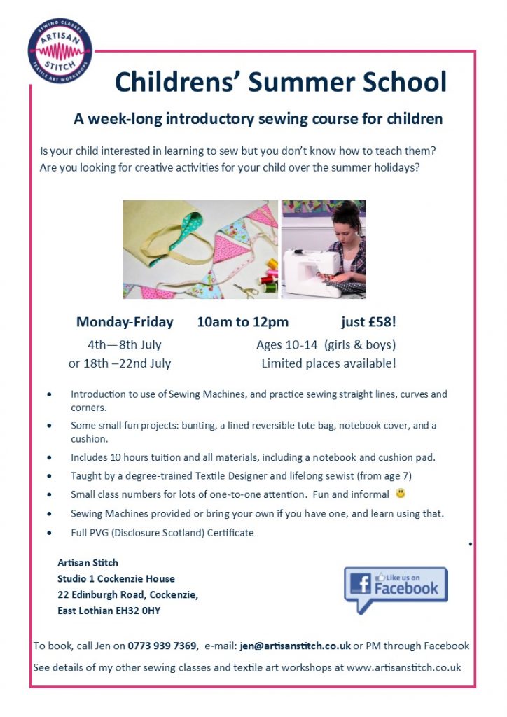 chldrens sewing course - flyer for childrens sewing classes 