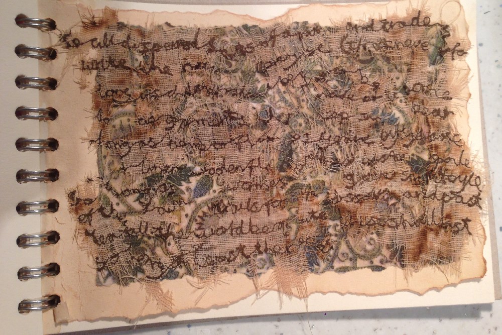 Travelling books - In prayse of the needle. Elizabethan poetry stitched on vanishing muslin, then heat-distressed to look aged.