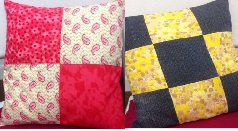 improvers Sewing course improvers Sewing Course. Patchwork cushions made from craft cotton and upcycled denim and vintage fabrics