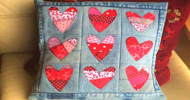 Patchwork hearts cushion - made from upcycled fabrics. a sewing project for Valentines Day