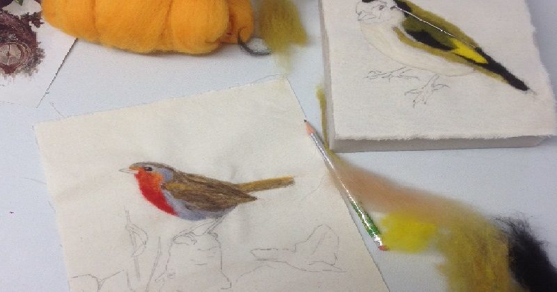 Needlefelted birds - robin and chaffinch pictures being made using needlefelting