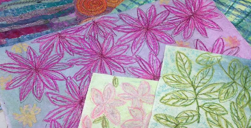 Paper Fabric - make a base for e. Colourful daisy and leaf patterned stitches textilespaper