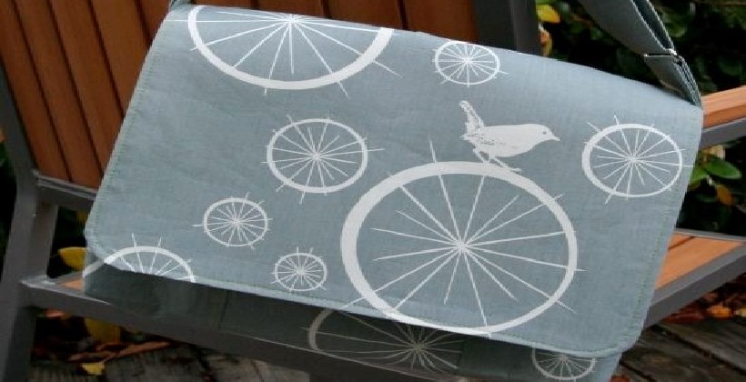 Meassenger bag - grey bird-print fabric makes a stlish bag to carry laptop or tablet