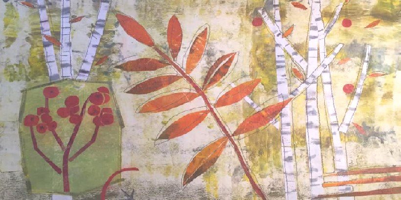 Monoprinting for Stitch - a stitch paper collage showing rowan trees, leaves & berries