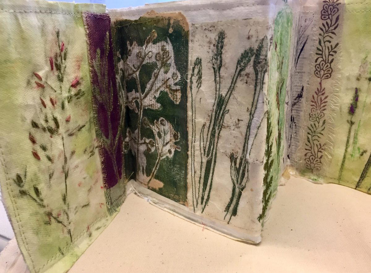 Monoprinting for stitch - folding book collage from prints of grasses and lavender stems