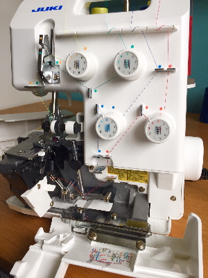 Juki MO-644D overlocker review - image shows machine threaded with front safety cover open