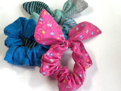 kids sewing - hair scrunchies. Funky fashion accessories made from upcycled clothing
