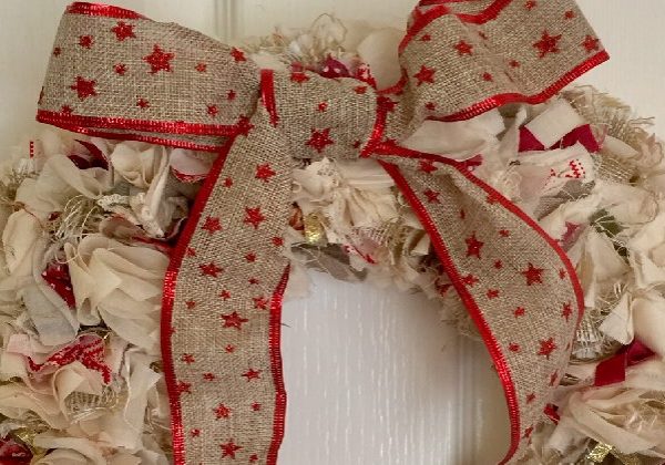 Rag wreath rag wreath -an image of christmas decorations made from upcycled fabric scraps