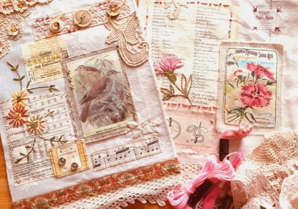 Vintage embroidery 820 x 420 Vintage Embroidery - a hanging made from a vintage table napkin and lace doilies, showing an image of birds, with music manuscript and embroidery inspired by vintage motifs